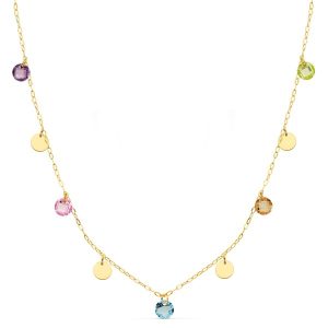 Collar Gargantilla de Oro con Circulos y Piedras de Color. Largo 45cms