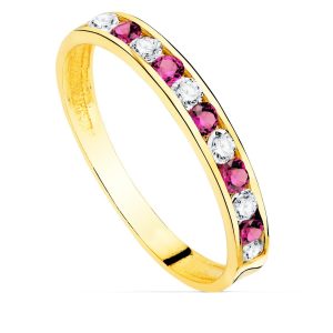 18K SORTIJA ORO AMARILLO CIRCONITA ROJAS Y BLANCAS. ANCHO CUERPO 2.5 MM