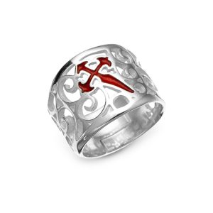Anillo Cruz de Santiago en Plata de Ley y Esmalte Rojo
