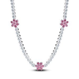 Collar Tenis Flor Rosa Plata